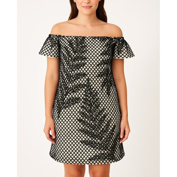 Hutch Off the Shoulder Cap Sleeve Dress – Black Mesh Leaf Overlay Size 6 - Picture 1 of 10